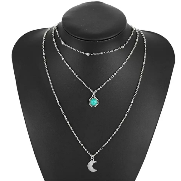 Boutique Jewelry - NEW Silver Plated Boho Multilayer‎ Moon Turquoise Necklace, 13-15”